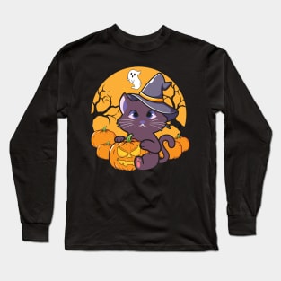 Halloween Cute Cat Pumpkin Witch Hat Long Sleeve T-Shirt